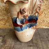 Vintage Beige Glazed Terracotta Vase with Relief Flower Decoration