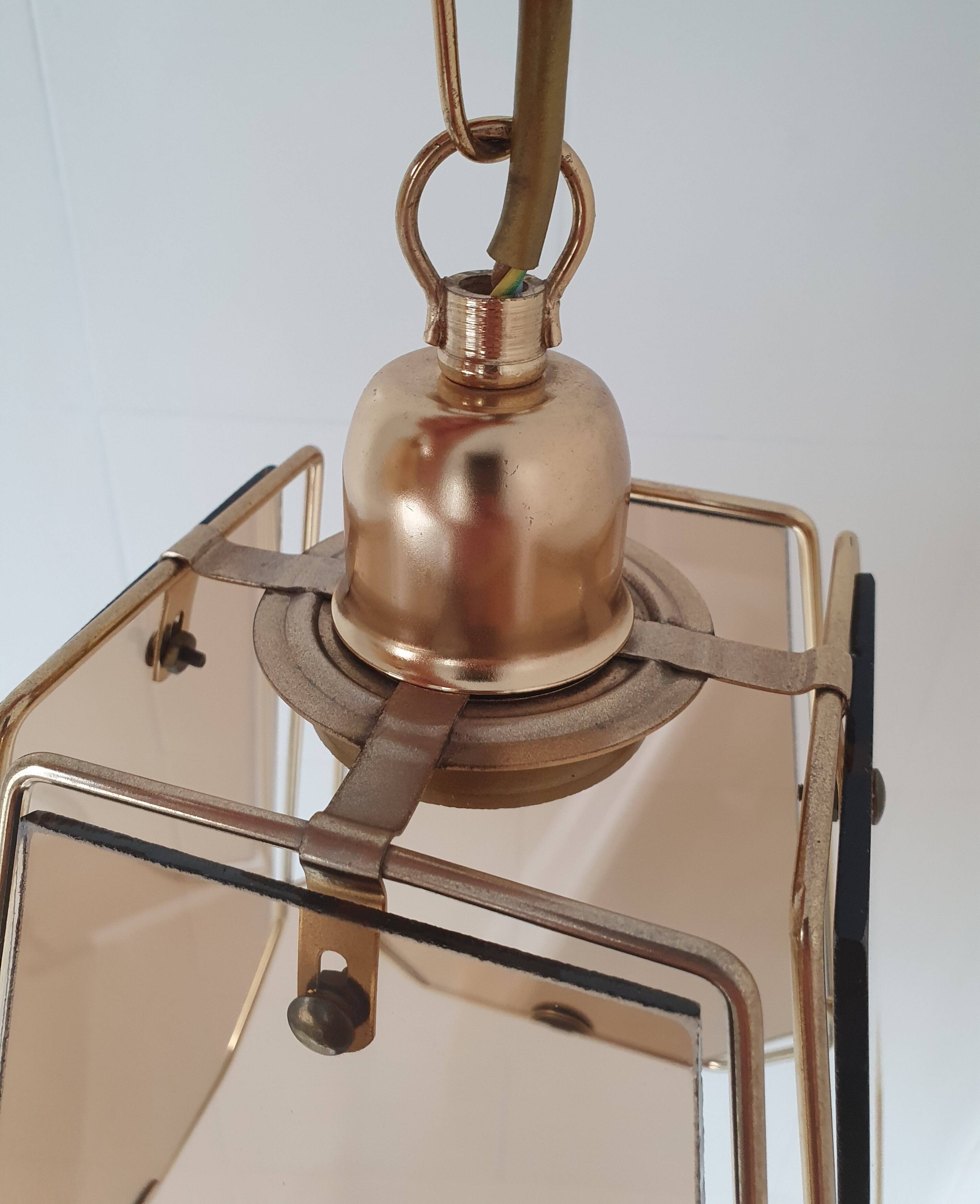 Vintage 70s chandelier in smoked glass and brass