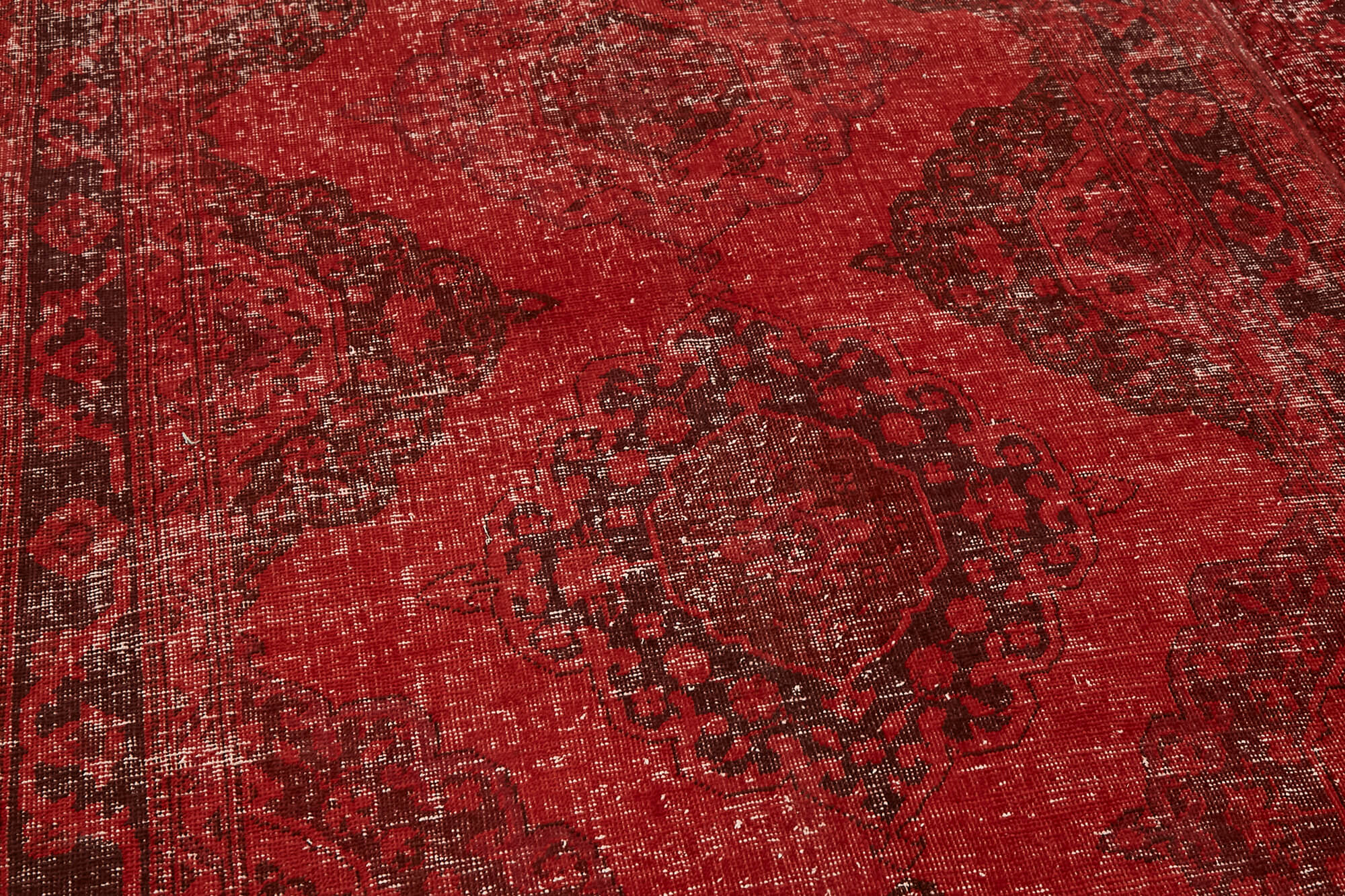 Hand-knotted persian overdyed 1970s 290 cm x 377 cm red wool carpet