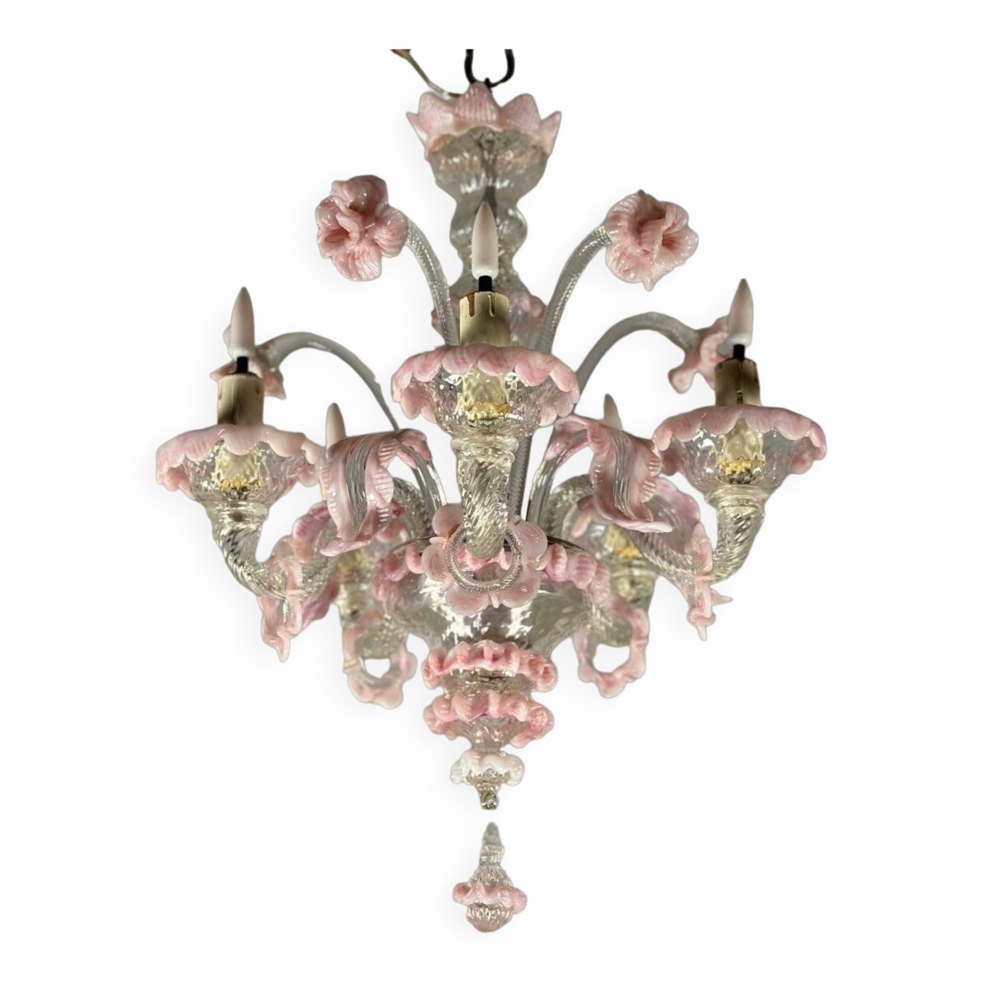 Small venetian chandelier in colorless and pink murano glass 5 arms of light circa 1920