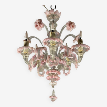 Small venetian chandelier in colorless and pink murano glass 5 arms of light circa 1920