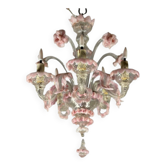 Small venetian chandelier in colorless and pink murano glass 5 arms of light circa 1920