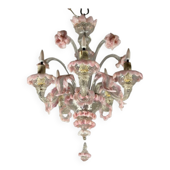 Petit lustre vénitien en verre de murano incolore et rose 5 bras de lumière vers 1920