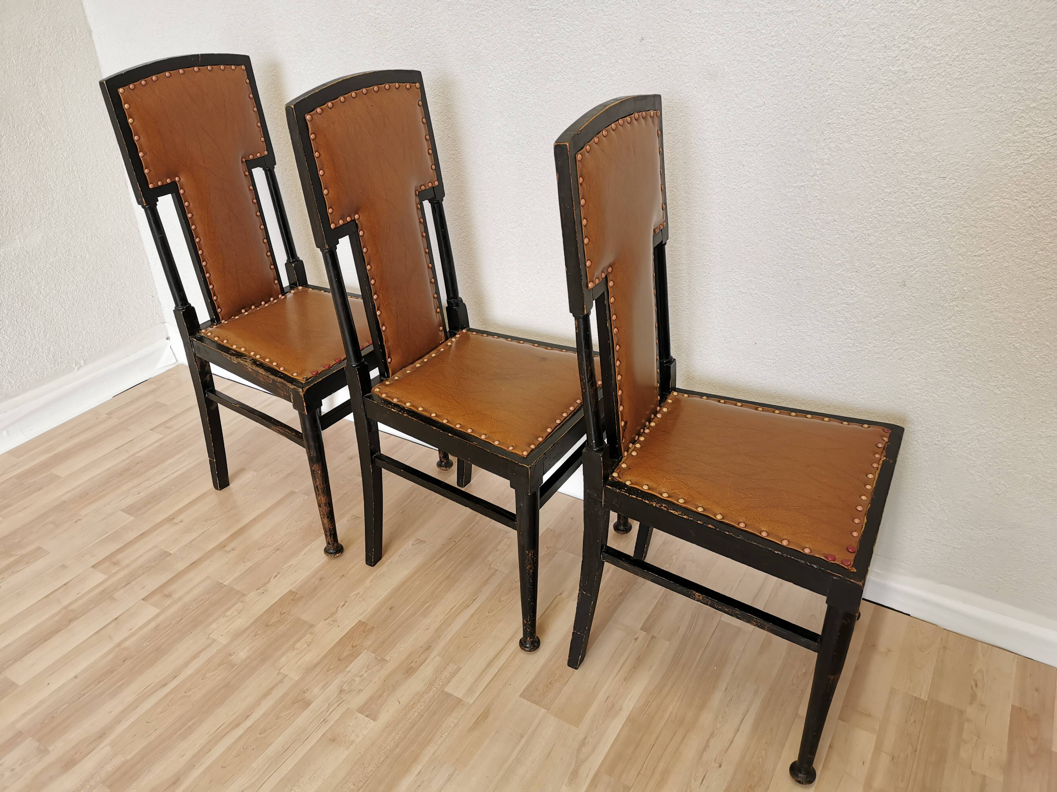 Set of 3 Vintage Dining Chairs: High Back, Leather Seat, Nailhead Trim