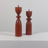 Vintage pair of sculptural teak candlesticks in Scandinavian style.