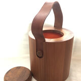Teak ice bucket and natural leather handle