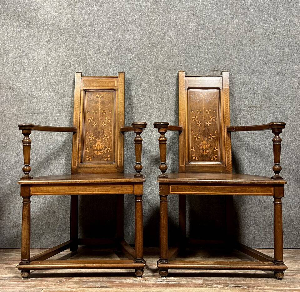 Pair of Renaissance armchairs called "Caquetoires" in walnut and marquetry, circa 1850