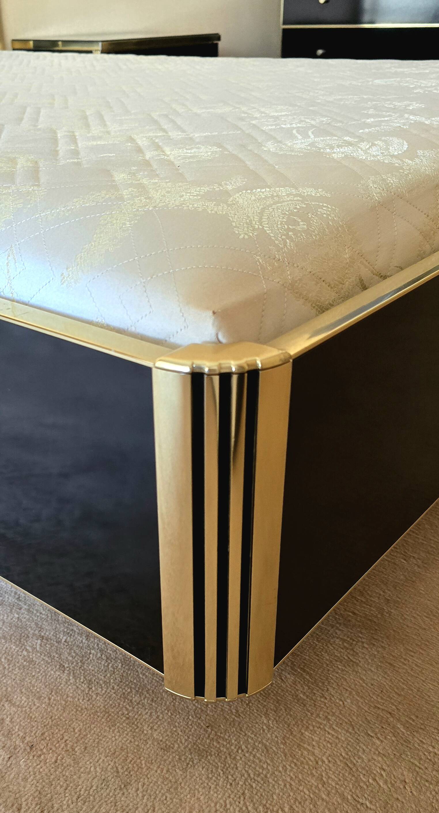Black lacquered double bed with brass, Maison Roméo Paris, 1970s
