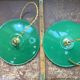 Pair of suspension in green and white enamelled sheet metal firm style indus braided golden threads