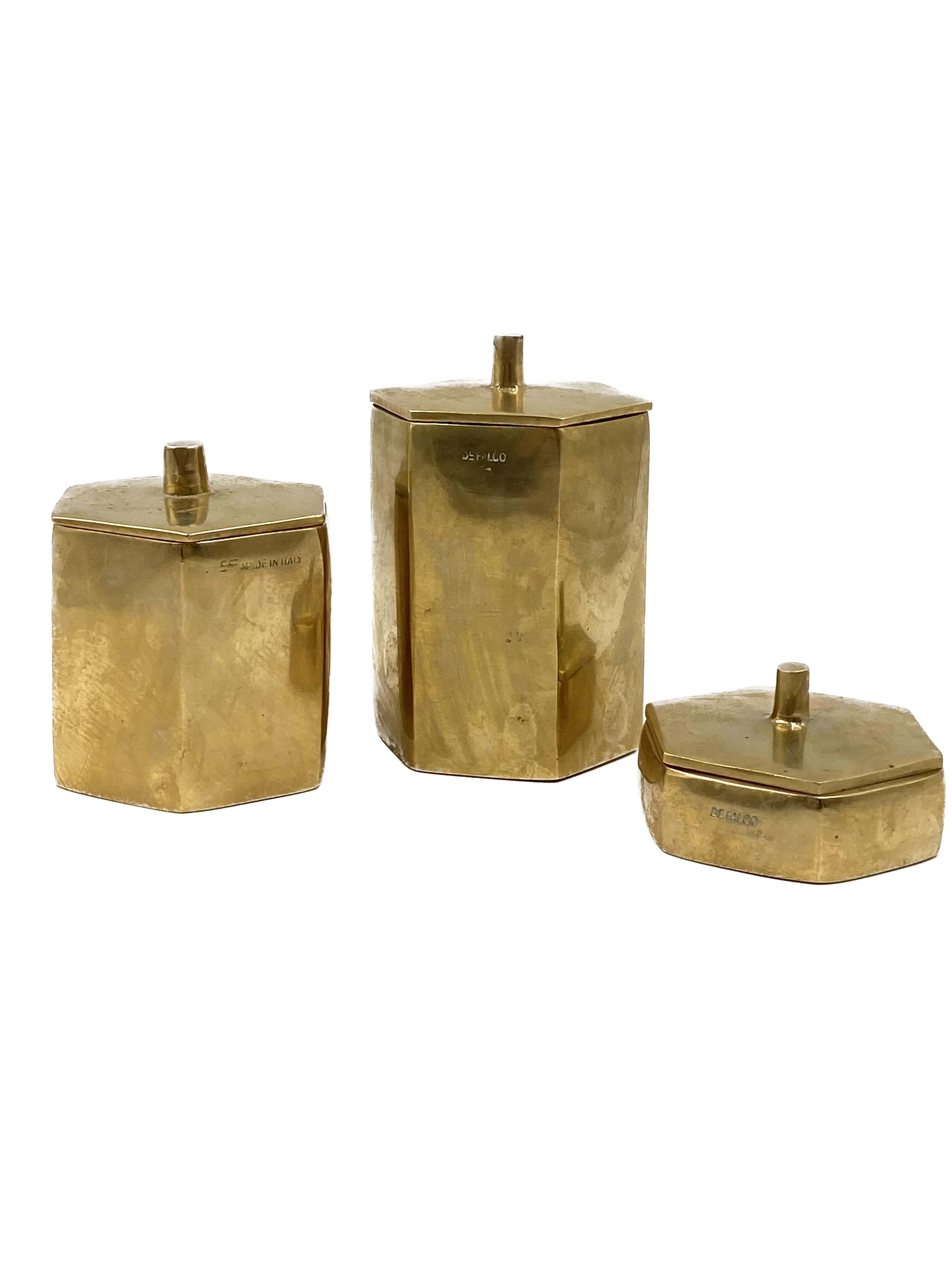 Set of 3 solid Brass boxes , De Falco Italy 1970s