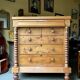 Support furniture, 6-drawer chest in turned pitch pine.