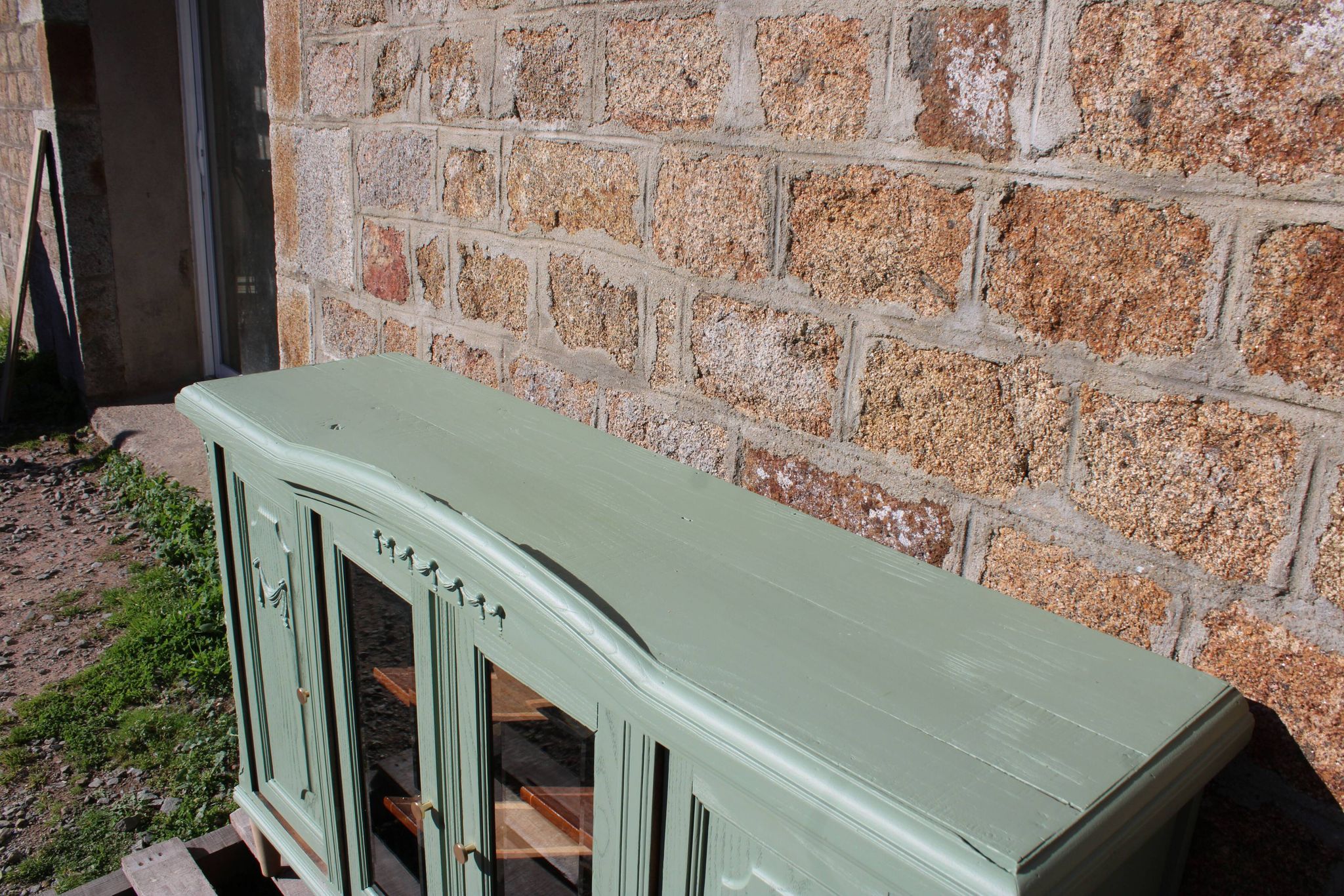 Renovated vintage sage green enfilade – wooden legs & bevelled display cabinets