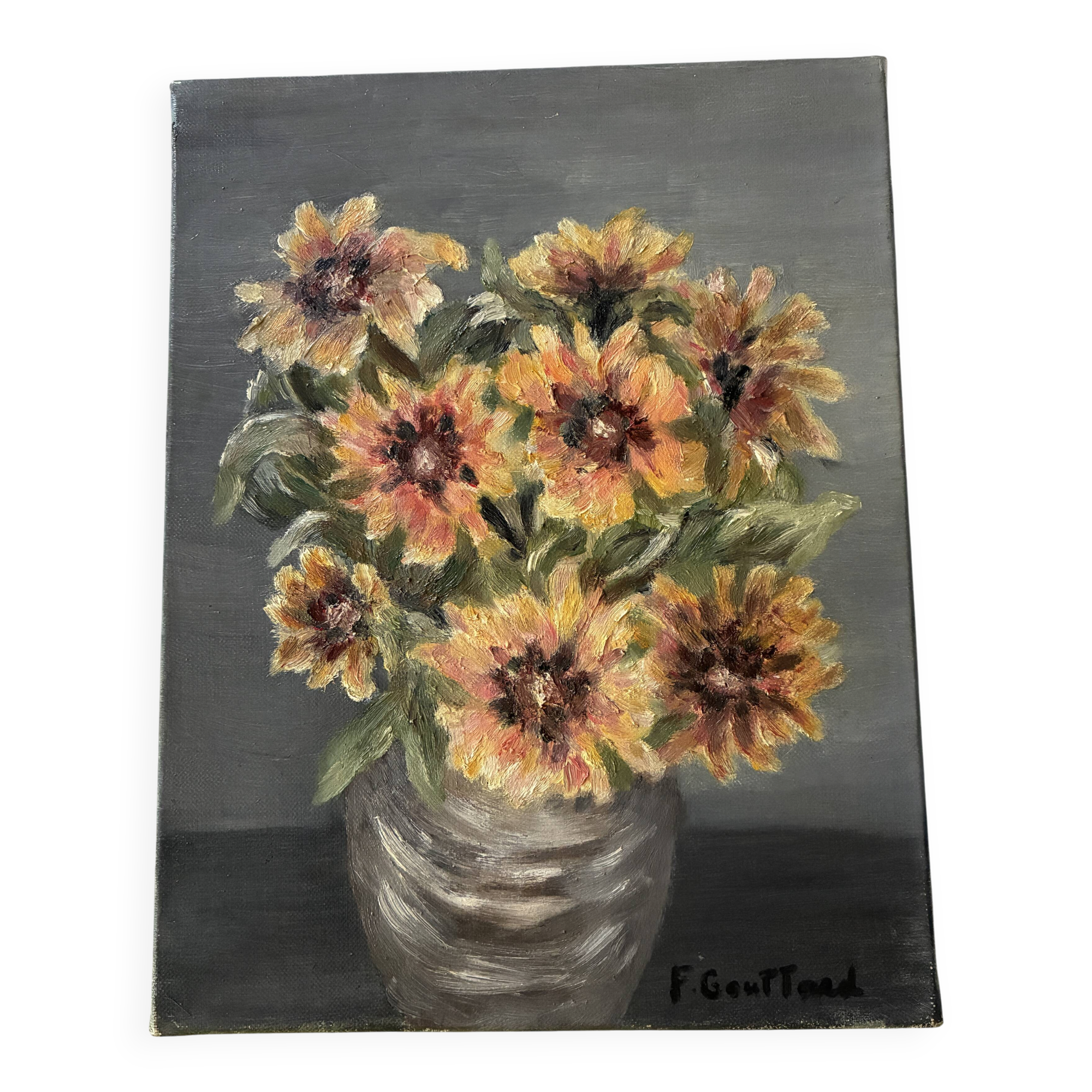 Tableau ancien huile sur toile bouquet de fleurs