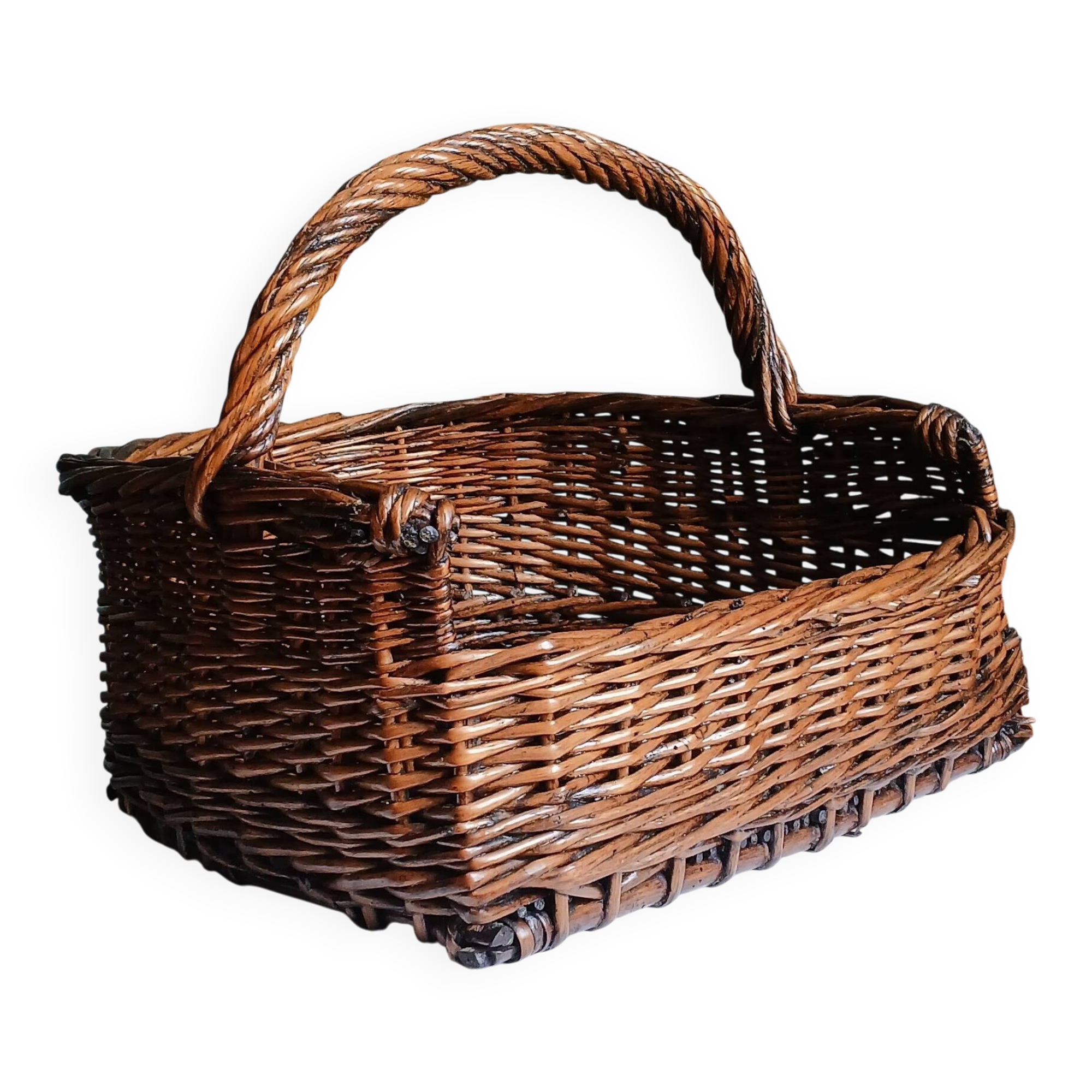 Handmade woven and dyed willow harvest basket.