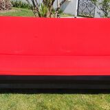Vintage sofa 3 places convertible, red fabric and black skaï.1960s.