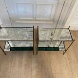 Pair of neo classic side tables in brass and oxidized mirror