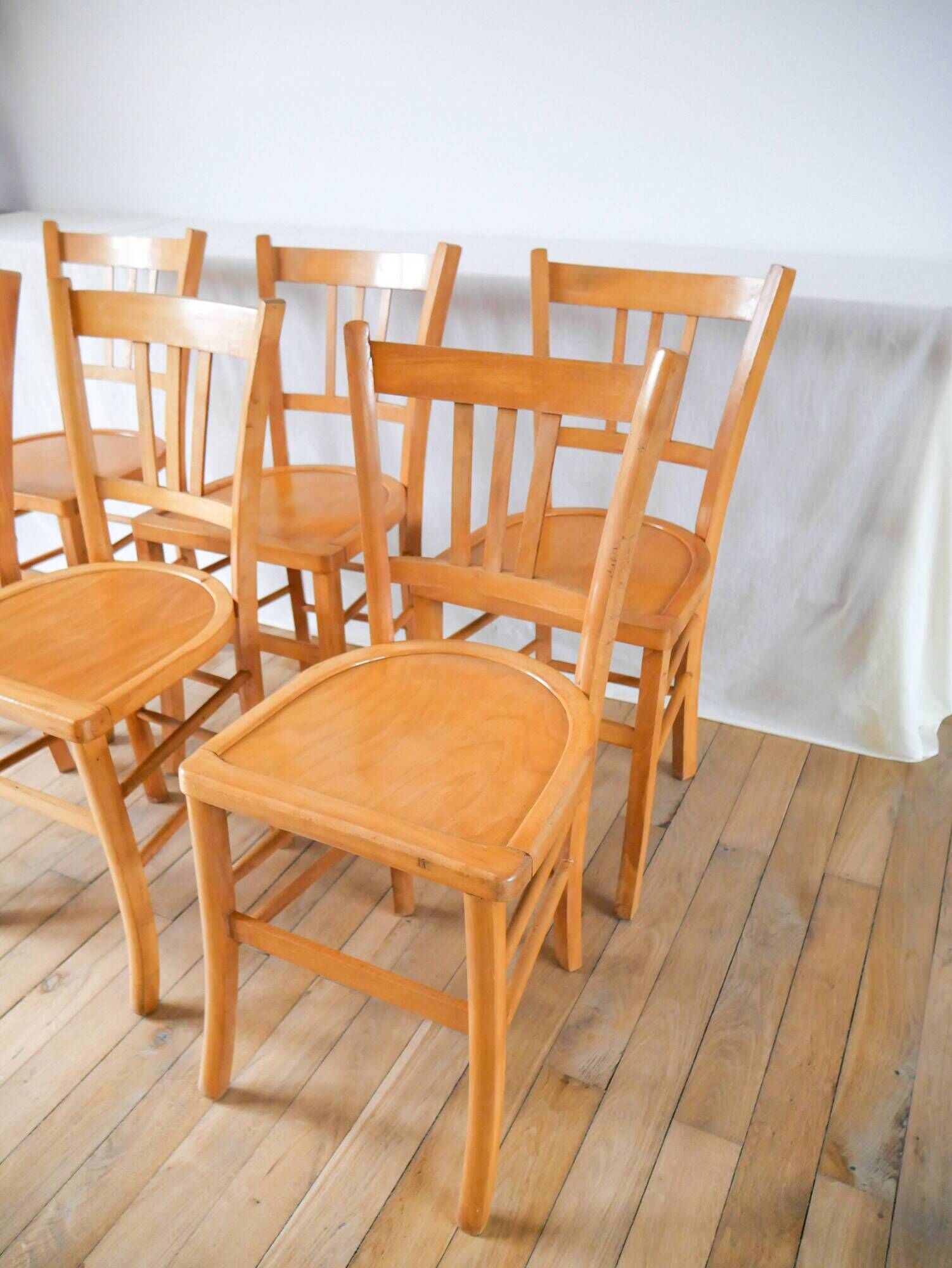 Set of 6 bistro chairs in blond wood luterma 1950