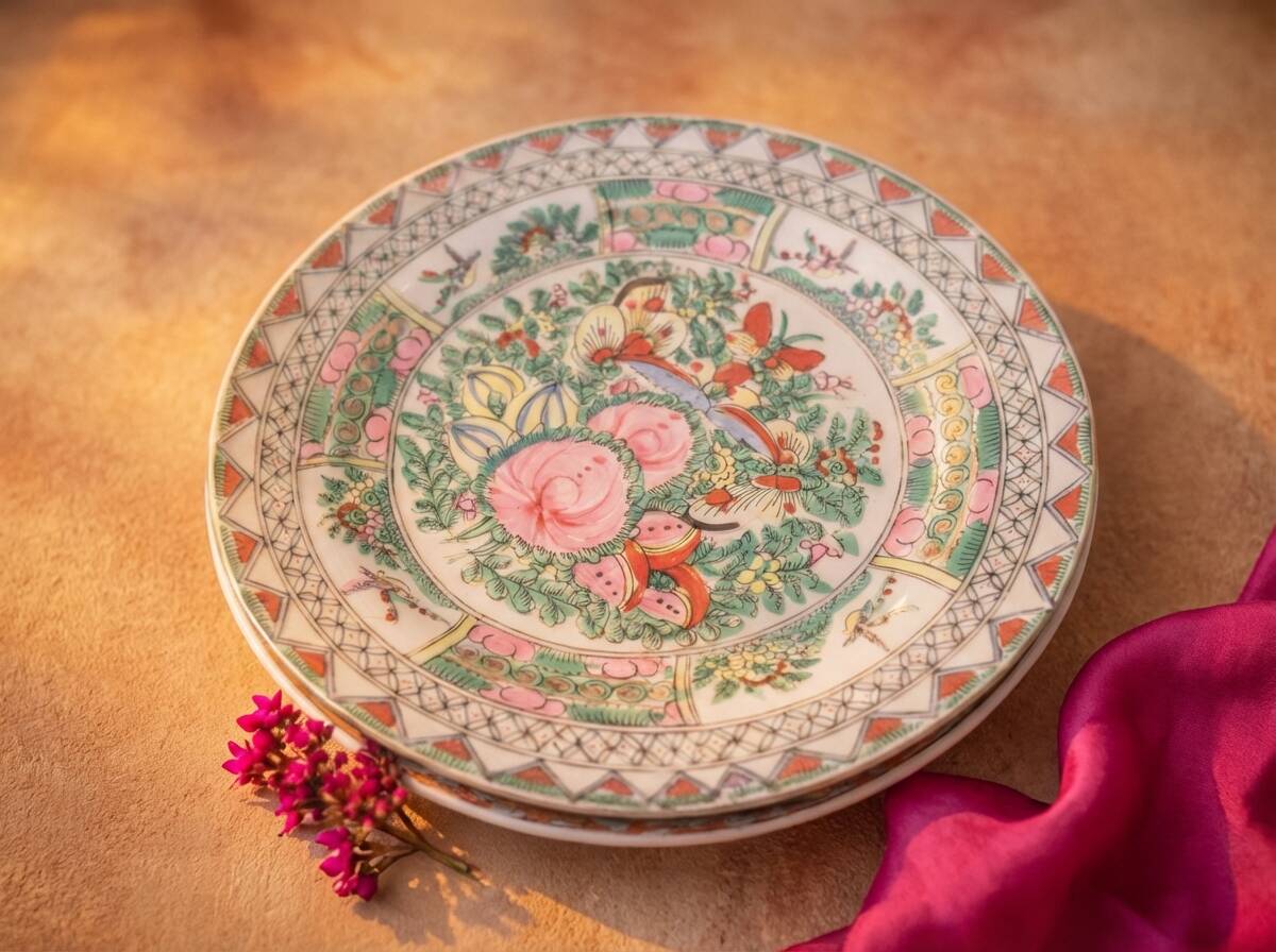 Vintage handmade Japanese plate in porcelain, hand-decorated.