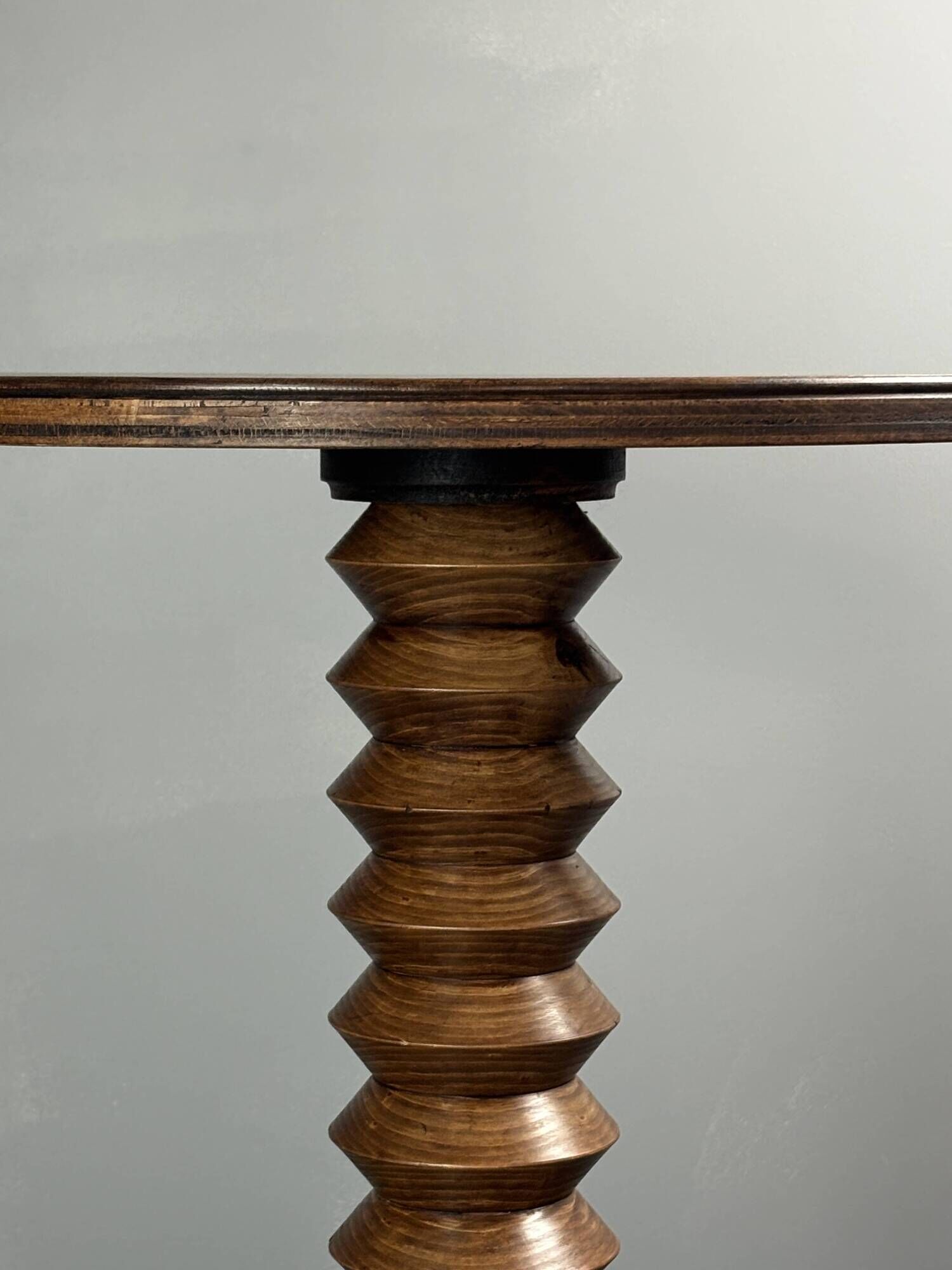 Midcentury brutalist wood turned side table, Charles Dudouyt style, 1950s