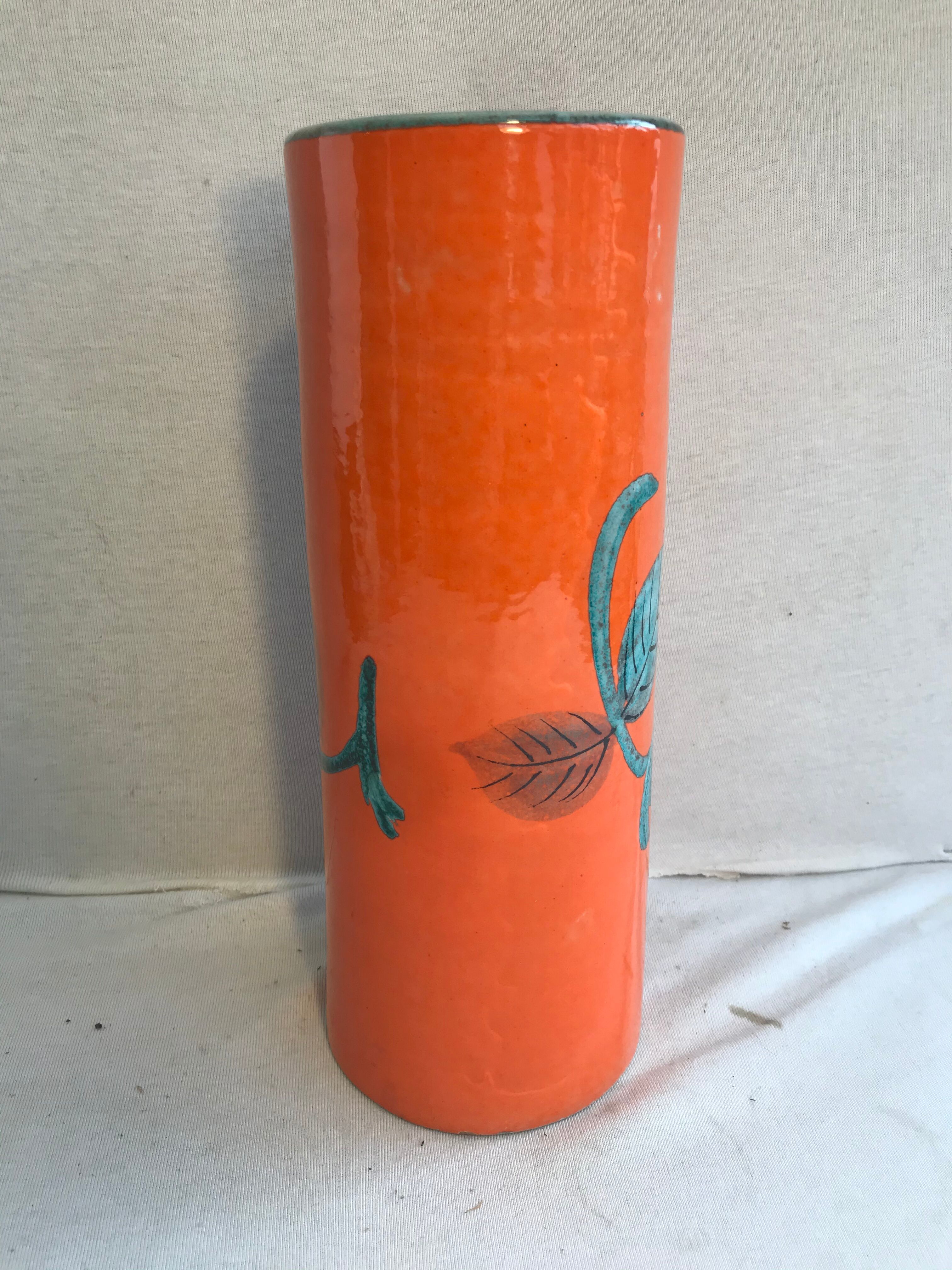 Ancient orange ceramic roll vase drawing flowers made in Italy vintage