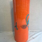 Ancient orange ceramic roll vase drawing flowers made in Italy vintage