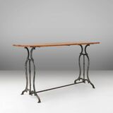 French bistro table with elegant metal base and oak top, ca. 1890