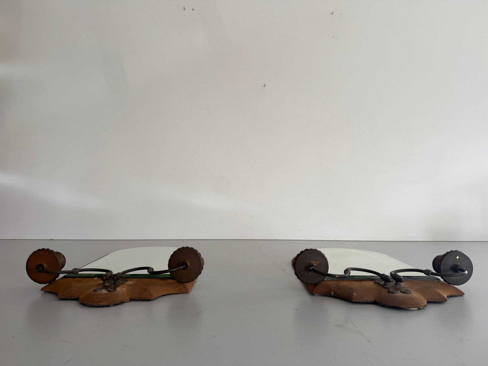 Pair of brass double-headed candlesticks with mirrors, 1940s, Italy