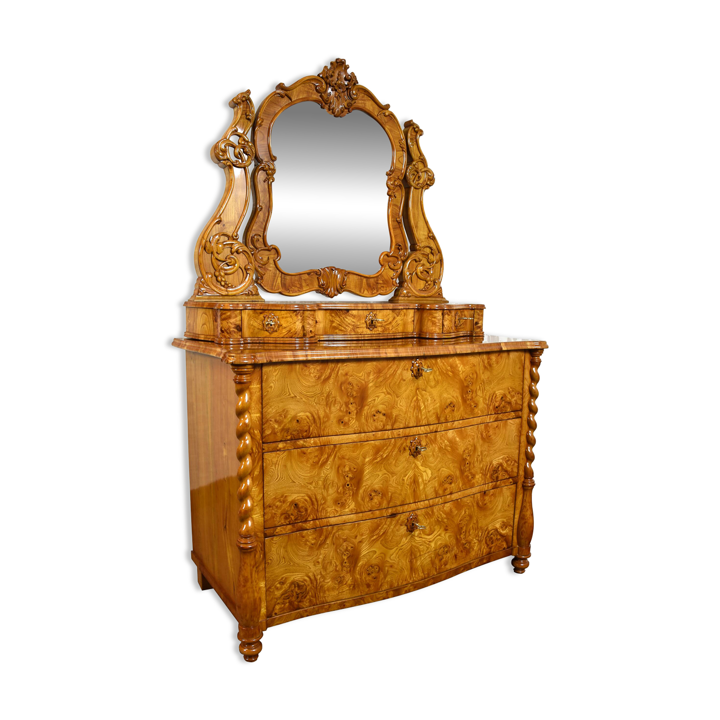 Commode coiffeuse Louis-Philippe en loupe d'orme et frêne - env. 1840-1860