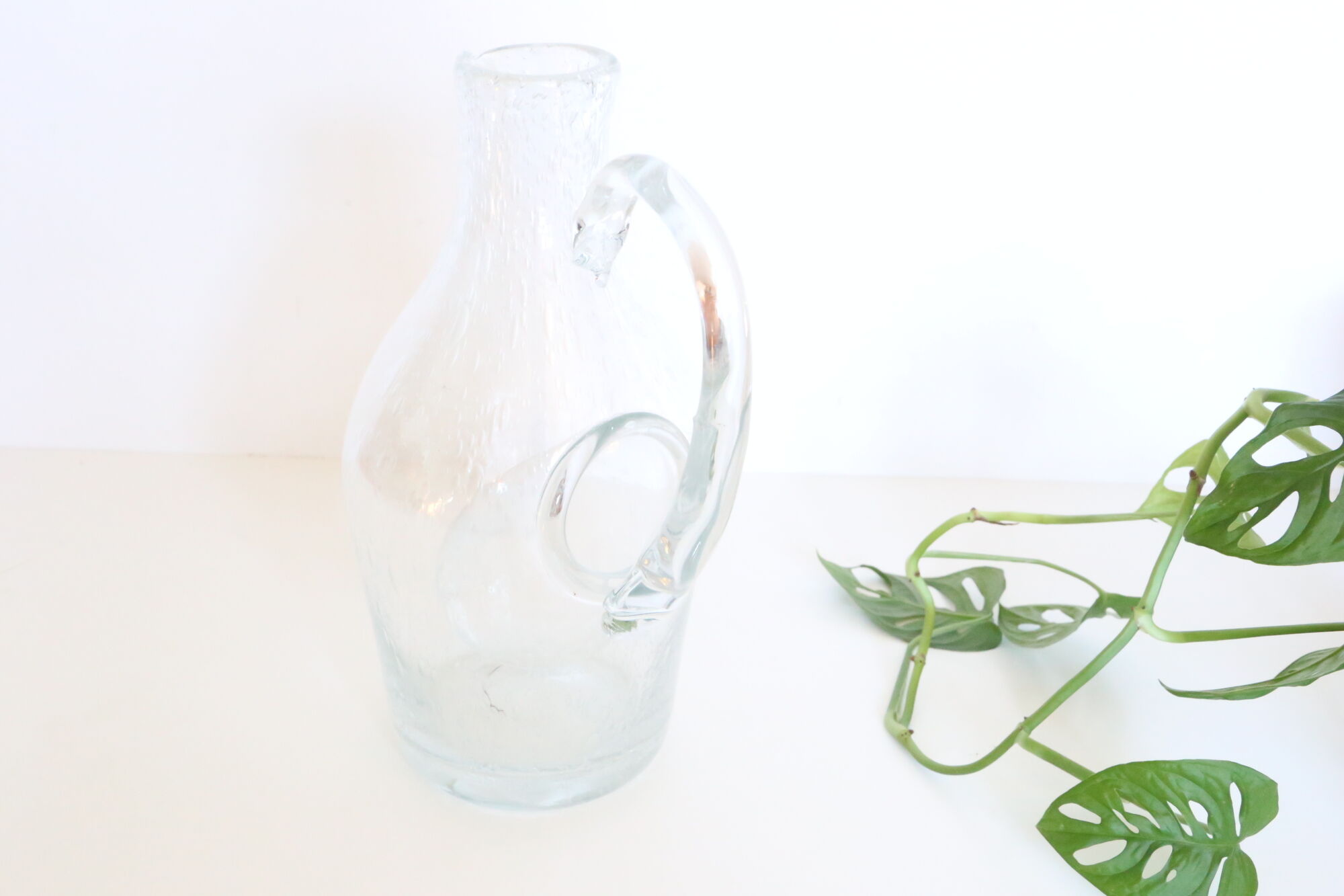 Bubbled glass pitcher with ice tank, handcrafted, French vintag manufacturing