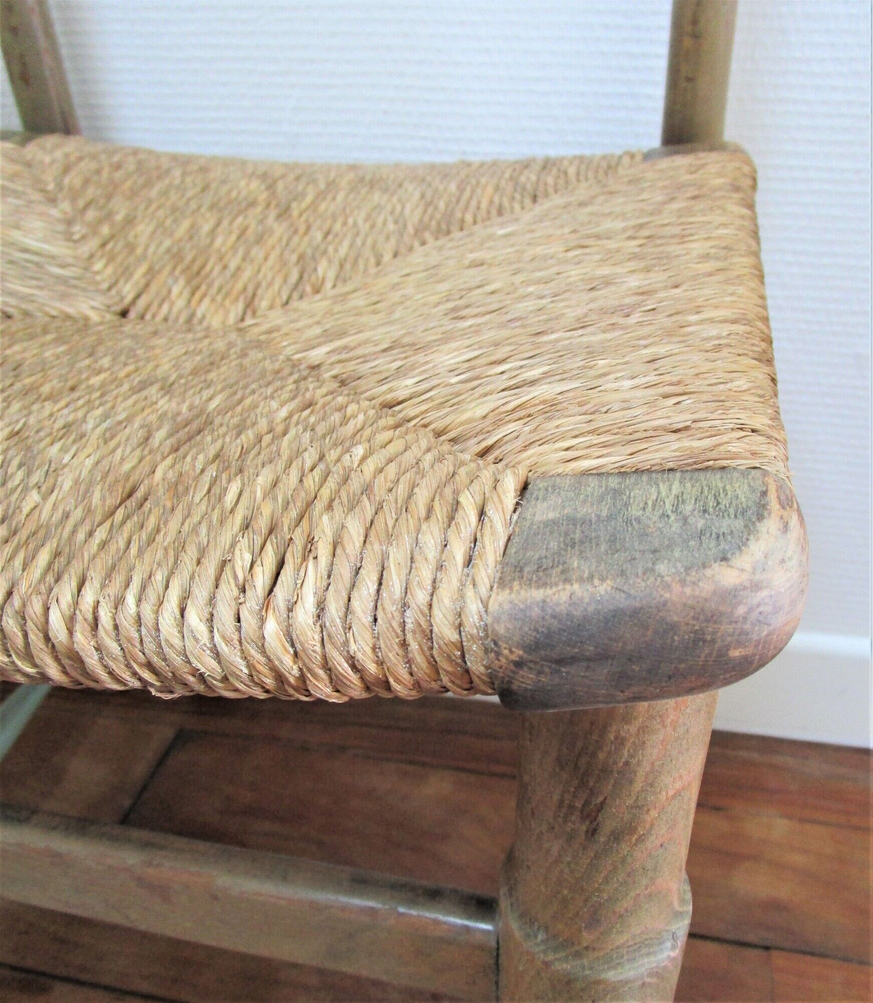 Two chairs patinated polka dots and painted wood folk art seat vintage straw