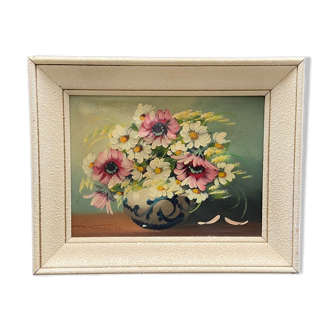 Oil on canvas sign bouquet of flowers still life xxth frame ceruse