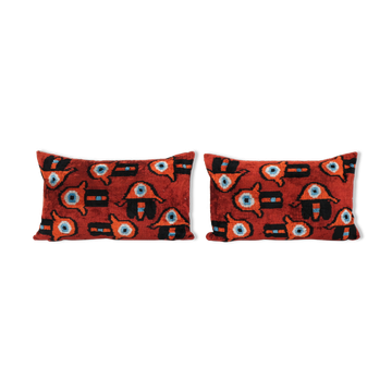 Handmade red evil eye silk ikat velvet pillows