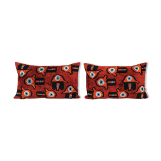 Handmade red evil eye silk ikat velvet pillows