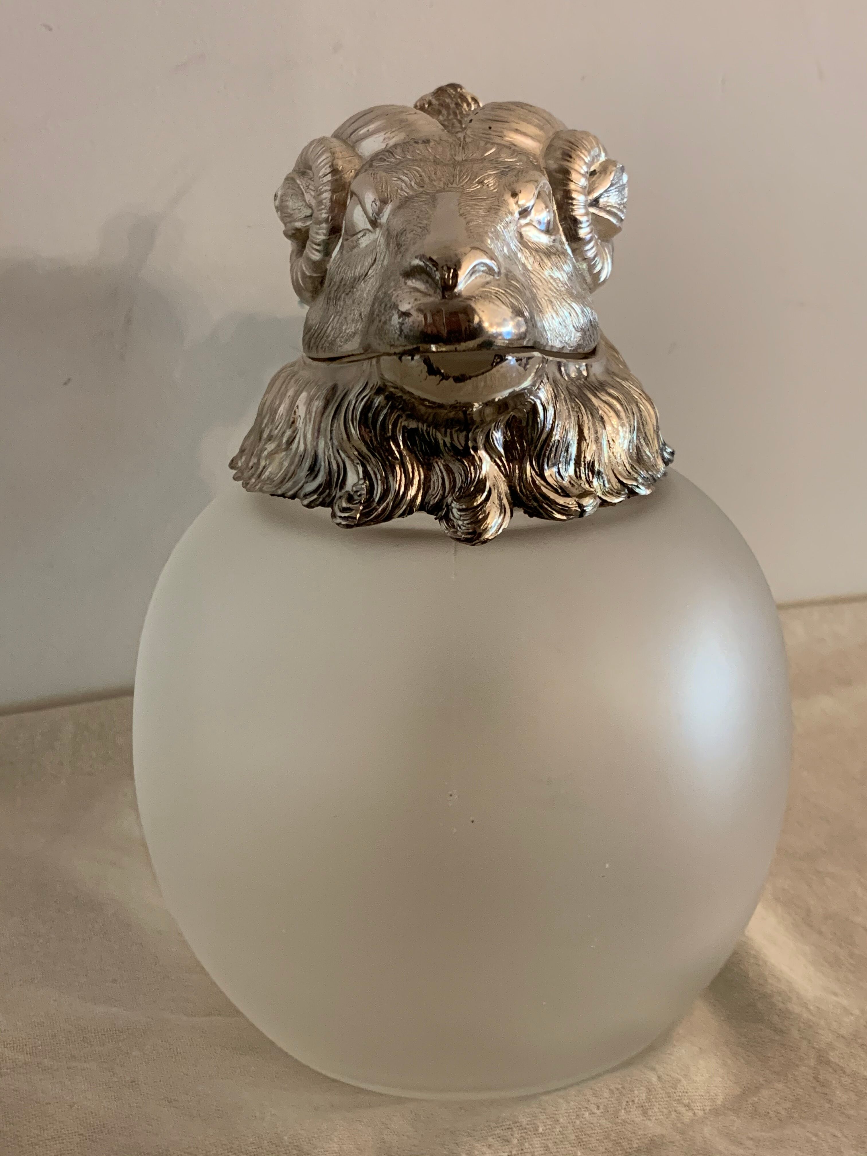 Decanting carafe or frosted glass water broc with silver metal ram head 1970