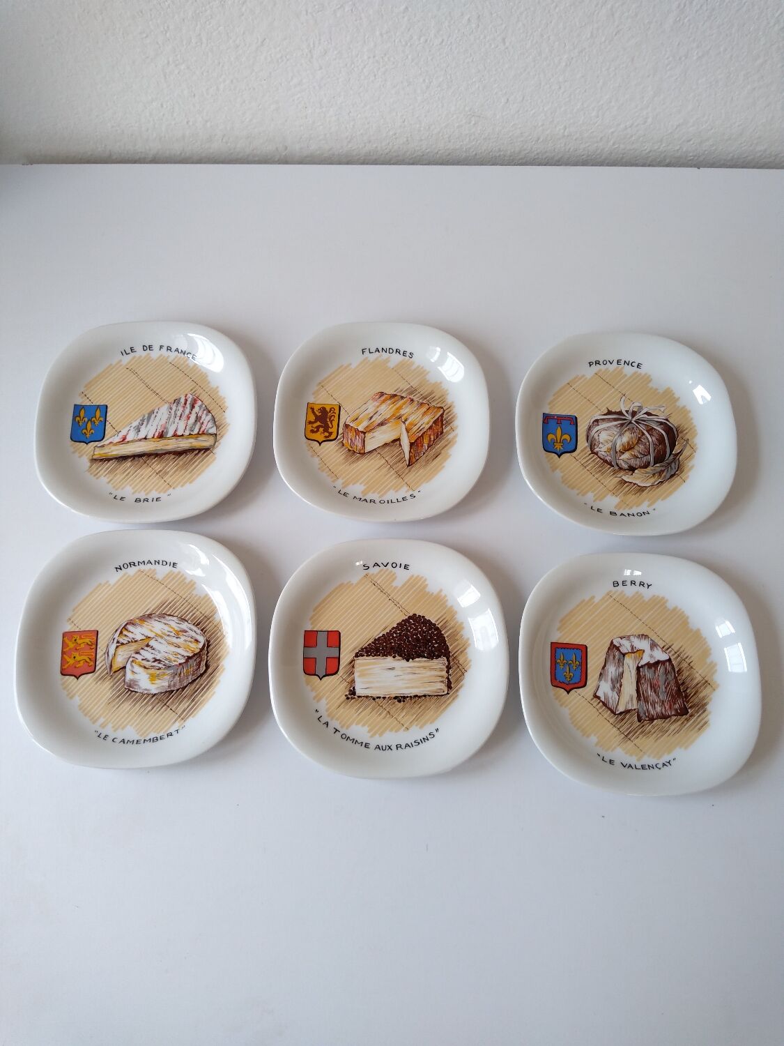 Limoges porcelain cheese service with drawing of regional cheeses and coats of arms 1 tray and 6 plates