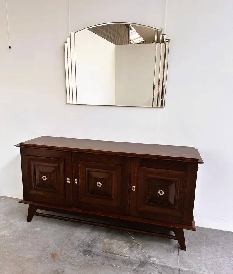 Vintage oak buffet in brutalist style with geometric panel doors, Belgium, 1960s