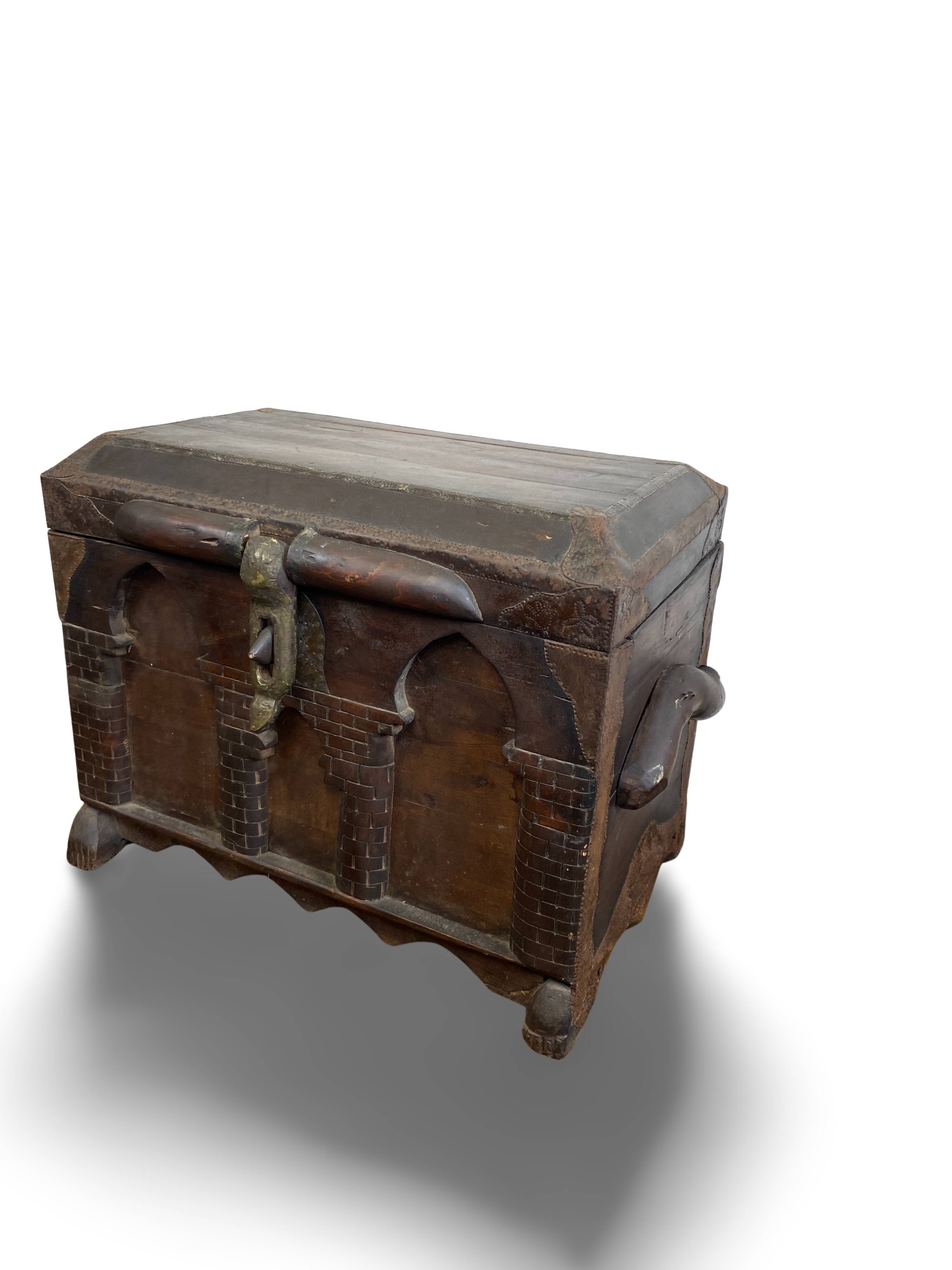 Antique 18th century Gothic chest in carved wood and leather