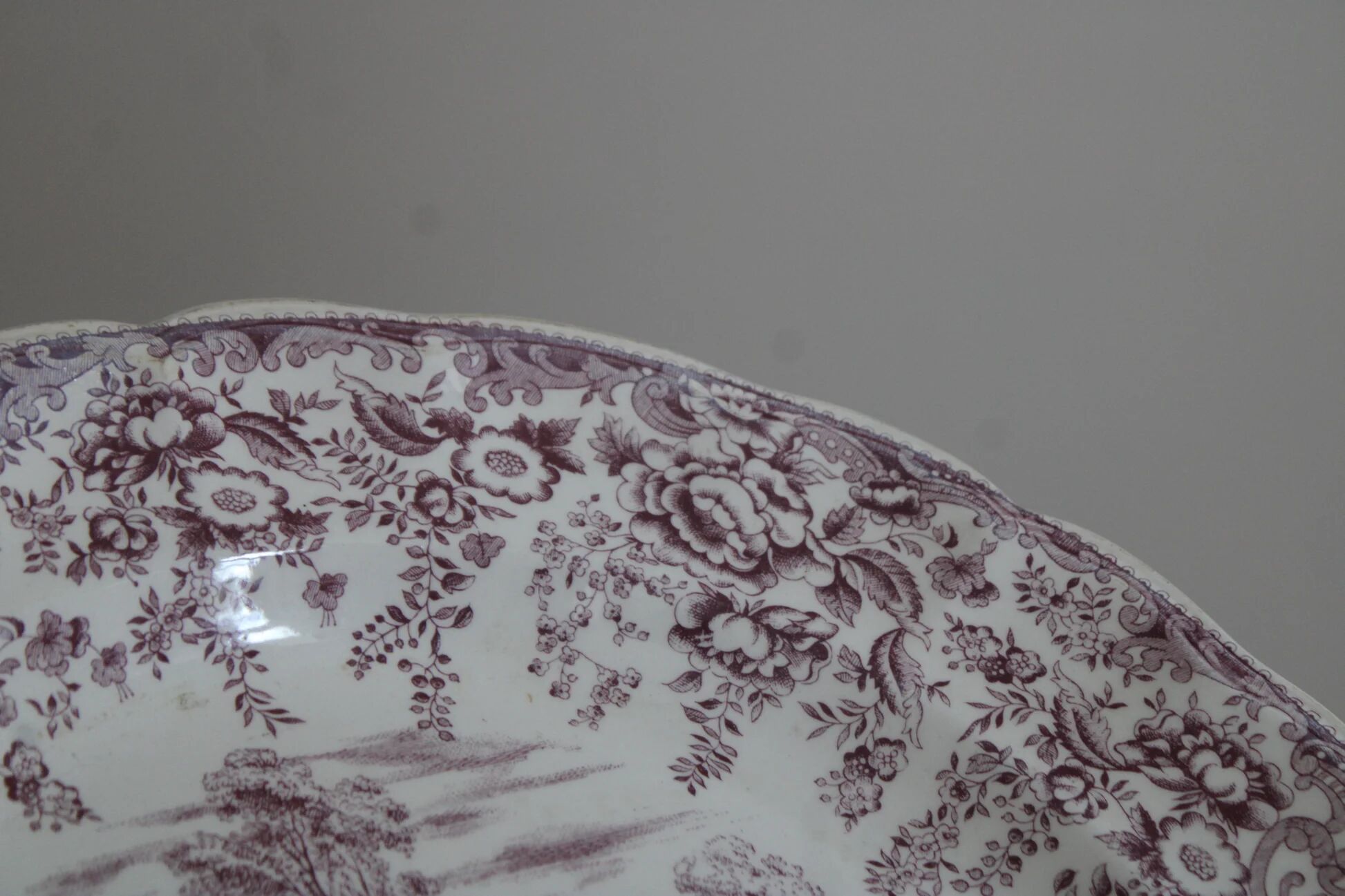 Large vintage shallow dish Lunéville KG – French earthenware, purple country decor – 30 cm