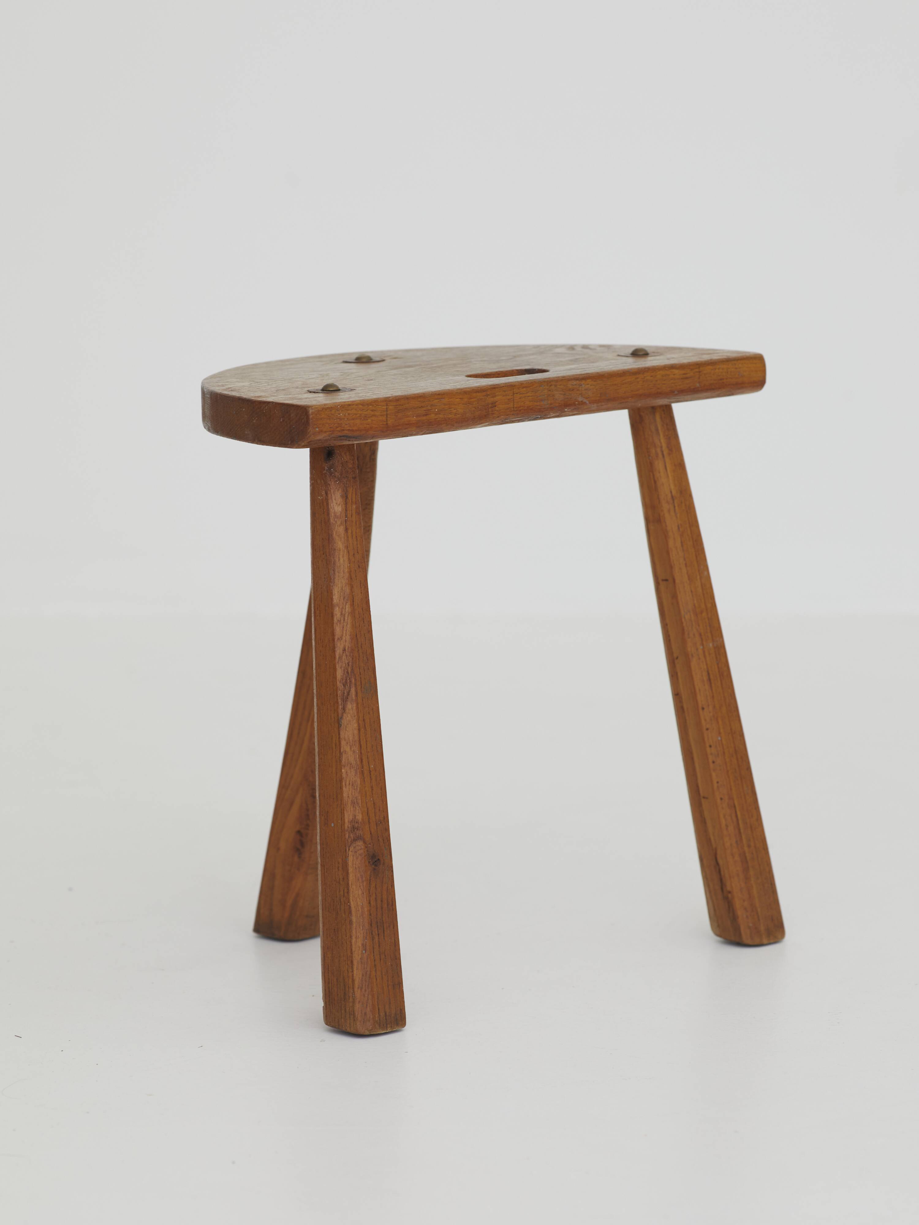 2 vintage solid wood half-moon tripod stools, circa 1950