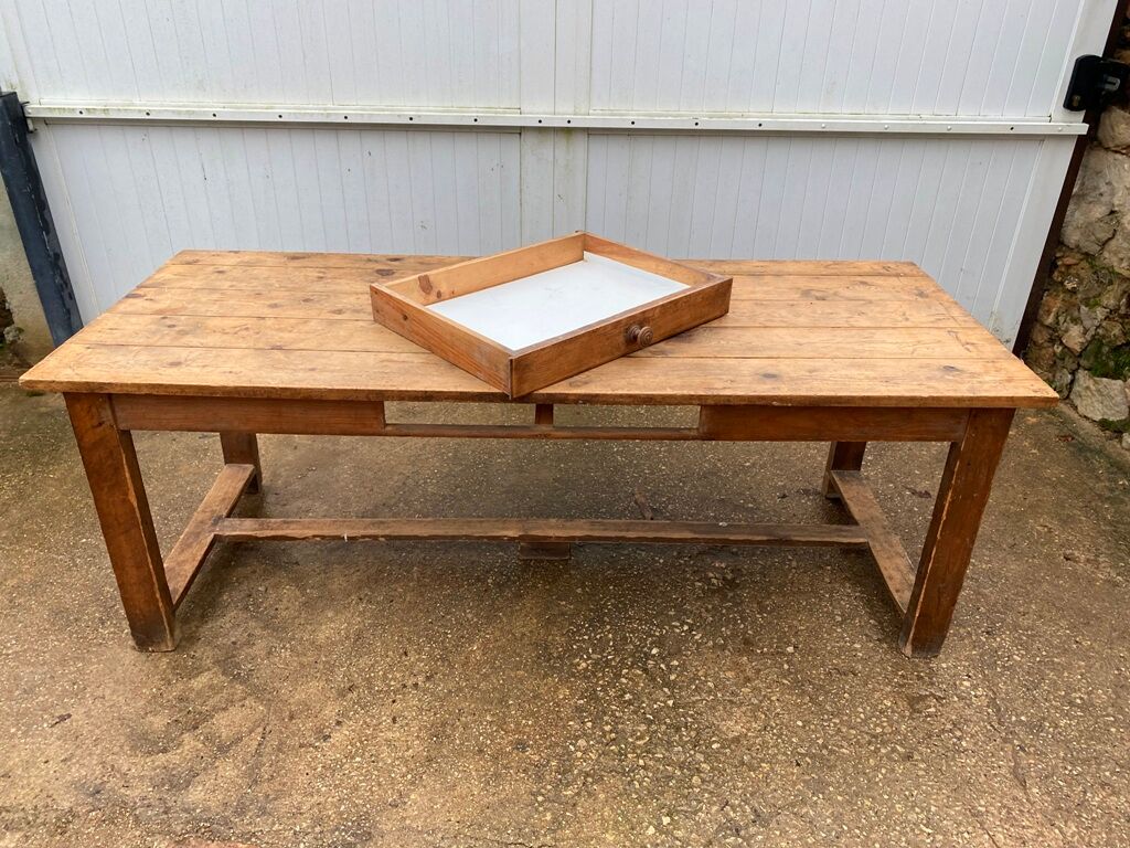 Farmhouse dining table 205cm for 8/10 people in solid pine with 1 drawer 1930