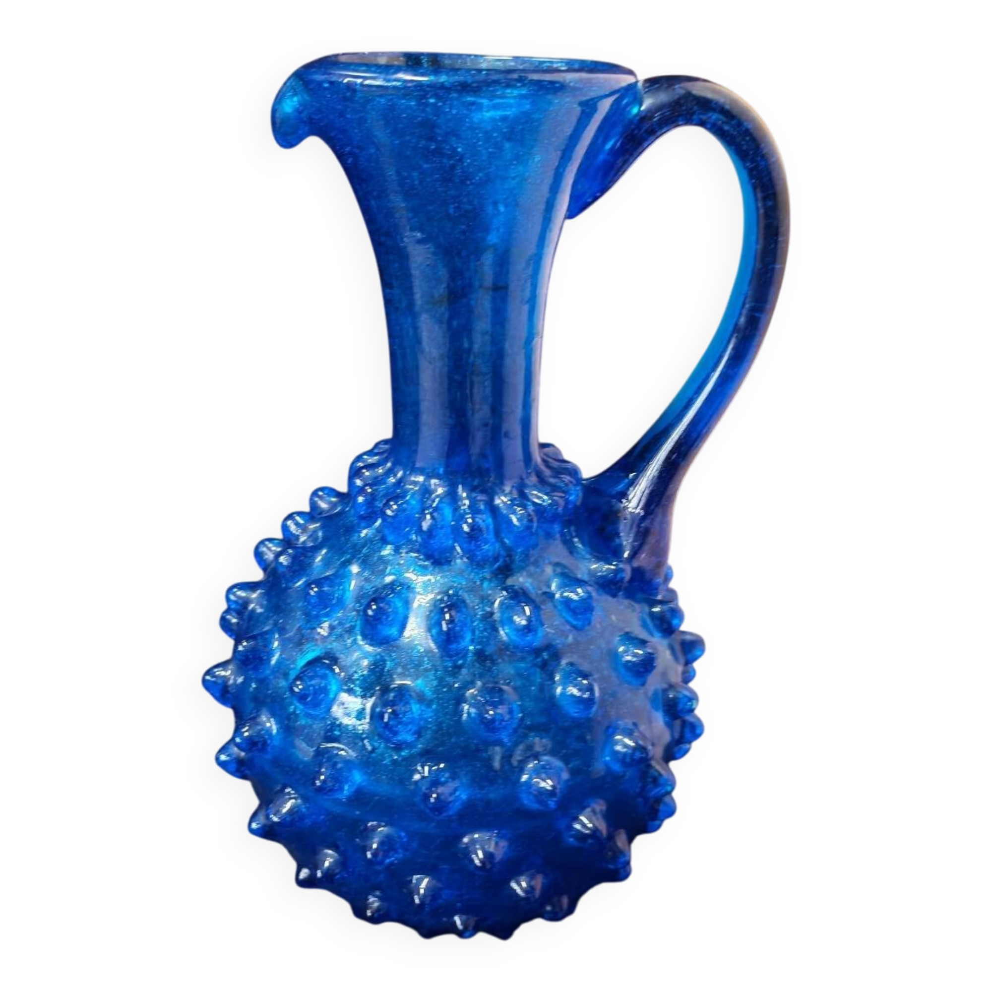 Cobalt blue vase pitcher Empolie in bubbled glass with dots.
