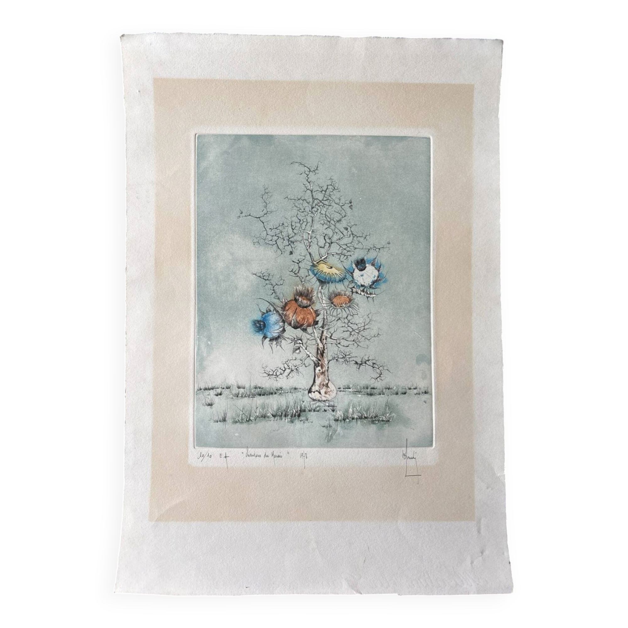 Original Engraving Bernard Louedin 1978 "Thistles of the Marsh" Signed Numbered