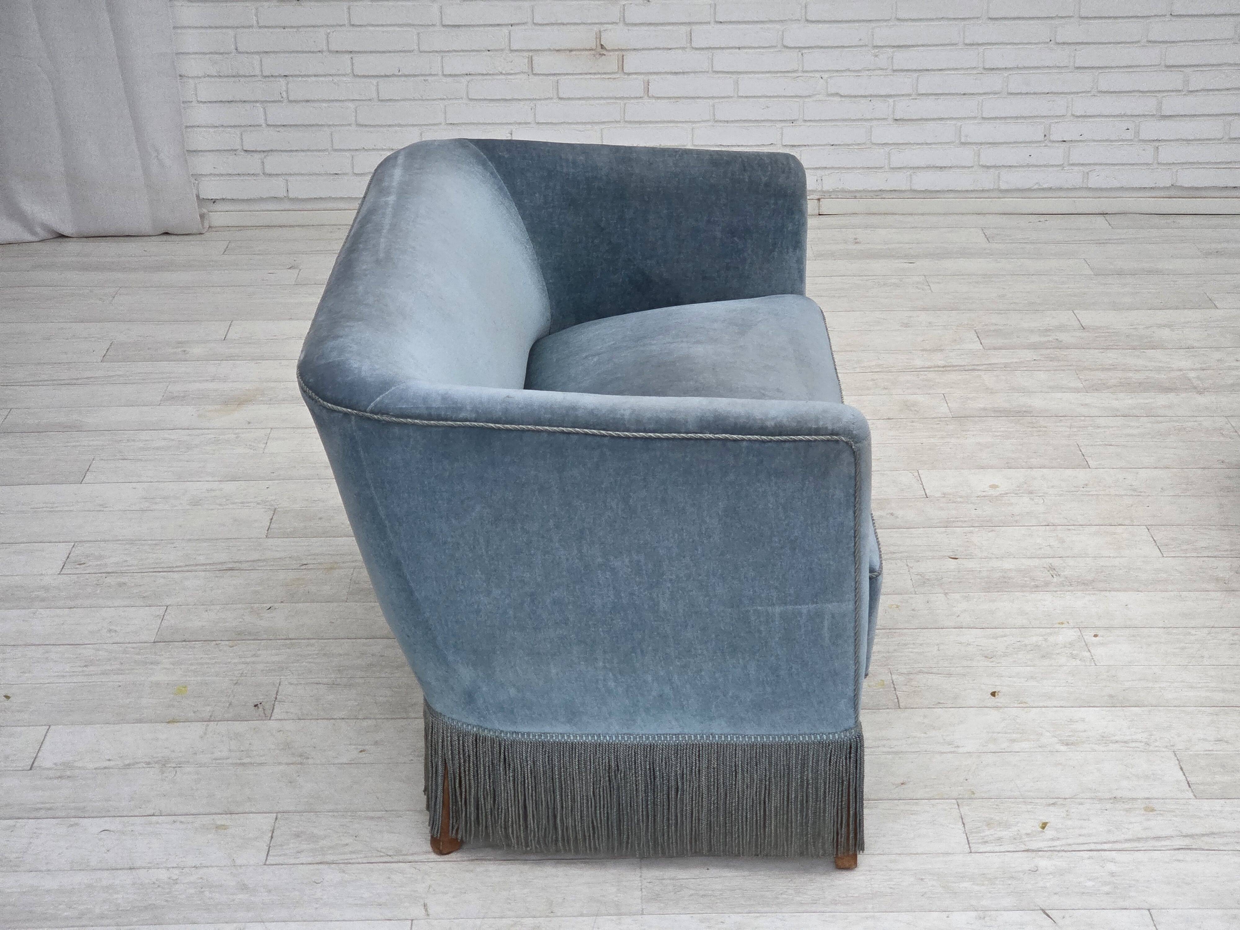 1970s, Danish 2-seater sofa, blue furniture velour, oak wood legs.