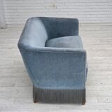 1970s, Danish 2-seater sofa, blue furniture velour, oak wood legs.