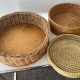 Trio of vintage wicker and woven raffia baskets