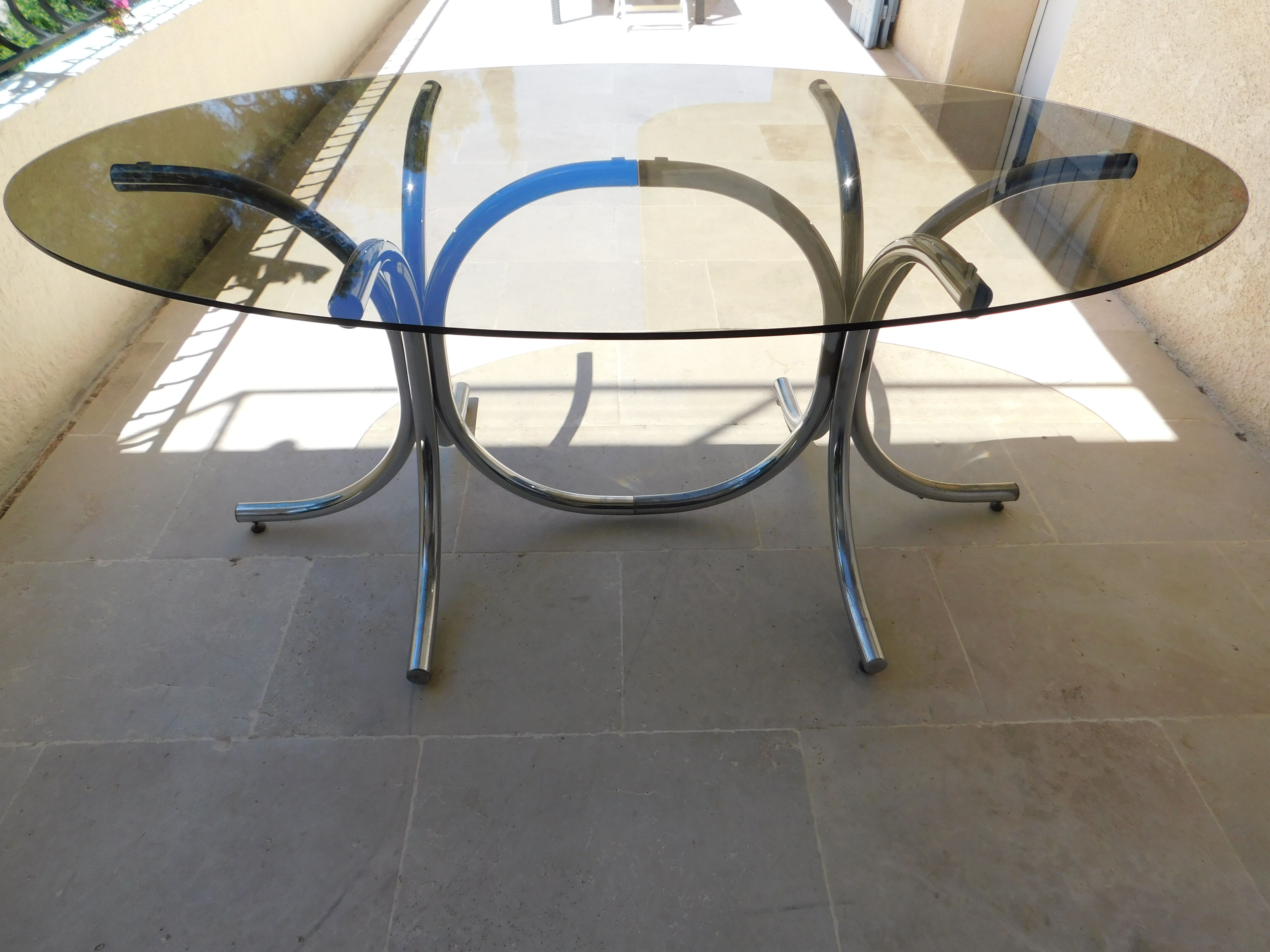Vintage 70 ' glass table top chrome plated feet