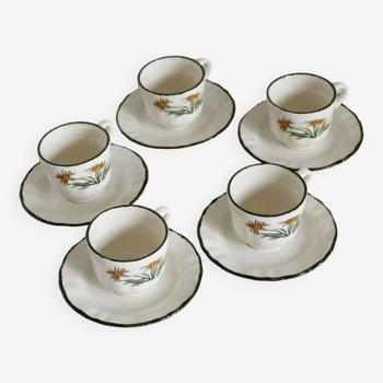 5 vintage Pagnossin cups and saucers, beige and green earthenware, floral pattern