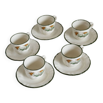 5 vintage Pagnossin cups and saucers, beige and green earthenware, floral pattern