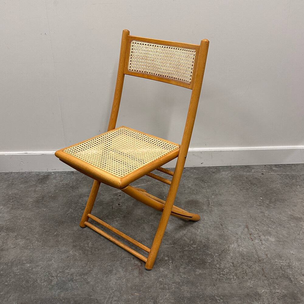 Rare set of four Belgian folding chairs in solid wood and hand-woven cane, mid-century