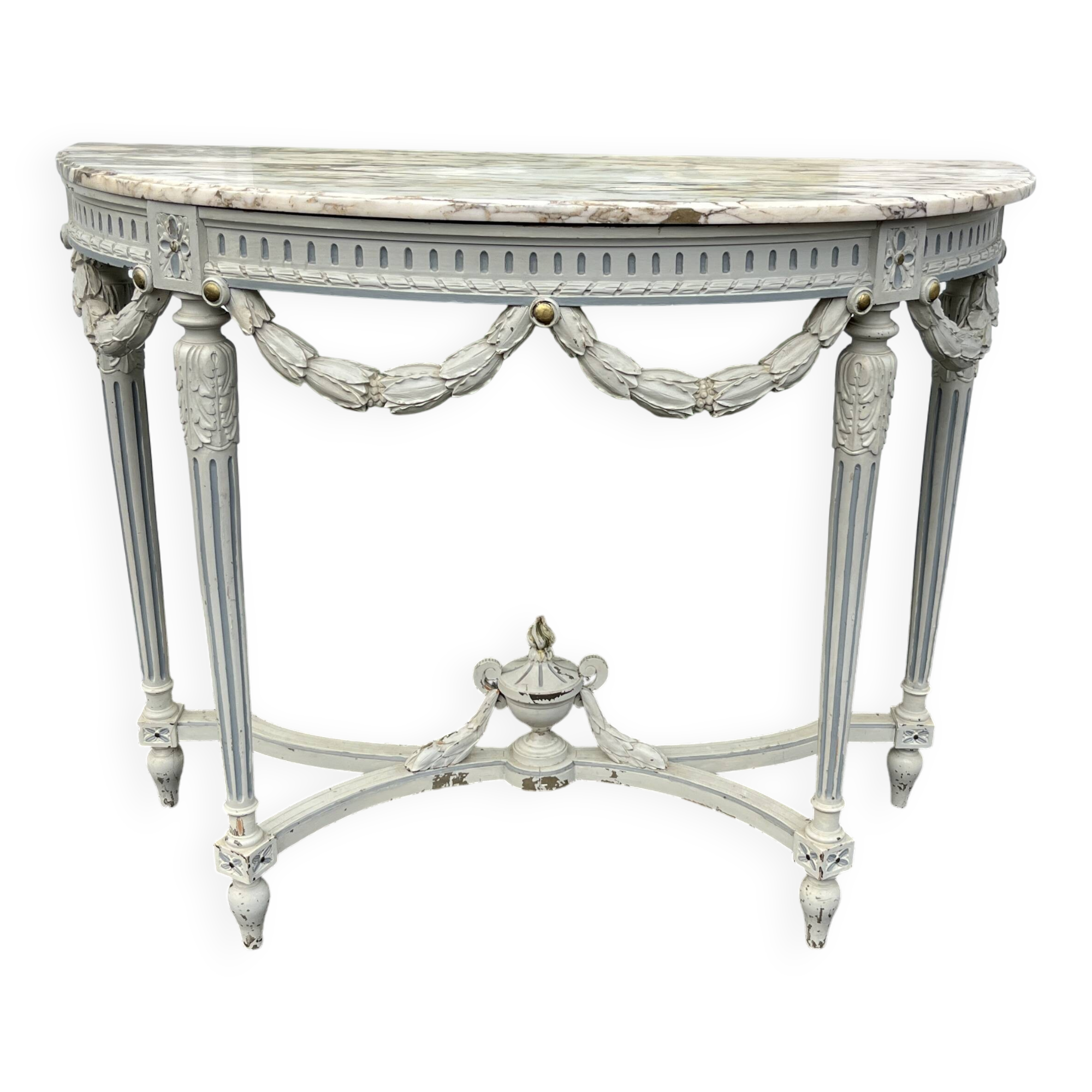 Louis XVI style half-moon console table with carved and painted wood and marble top